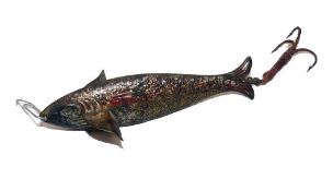 LURE: Early Gregory style metal hollow body fish lure, 3.5" long, metal pressed fins, stamped eye,