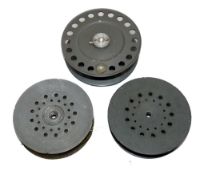 SPOOLS: (3) Two Hardy Perfect 3 3/8" alloy spare spools, both retaining good original finish and a 3