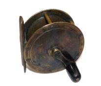 REEL: Early Hardy 3.25" all brass crank wind winch, rod in hand and oval logos to face plate,