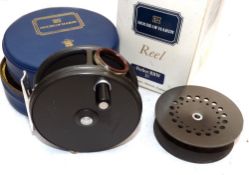 REEL & SPOOL: (2) Hardy Perfect 3 5/8" RHW alloy fly reel, in as new condition, black handle, smooth