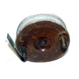 REEL: Scarce alloy wrapped mahogany/brass star back Sheffield reel, backplate stamped "Patent