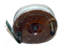REEL: Scarce alloy wrapped mahogany/brass star back Sheffield reel, backplate stamped "Patent