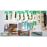 ABU LURES: Collection of 20+ Abu lures, many on original cards and boxed, assorted patterns incl.
