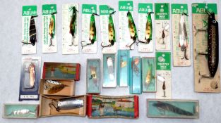 ABU LURES: Collection of 20+ Abu lures, many on original cards and boxed, assorted patterns incl.