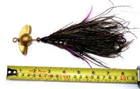 LURE: Rare 8" Halcyon bait with brass ball head and twin fins, brass central bar whipped in red wool