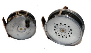 "REELS: (2) Hardy Perfect 3 7/8" alloy fly reel with broken rim, Duplicated Mk2 check, black handle,