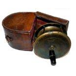 REEL & CASE: Anderson of Edinburgh all brass salmon plate wind reel, 4.5" diameter, black horn