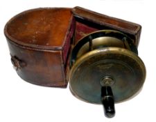 REEL & CASE: Anderson of Edinburgh all brass salmon plate wind reel, 4.5" diameter, black horn