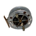 REEL: Fine early Allcock Aerial trotting reel, 4.5" diameter, wide drum 6 spoke with tension