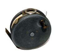 REEL: Hardy Perfect 3 5/8" alloy trout fly reel, black handle, good agate line guide, correct ribbed