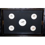 SERVING TRAY: A vintage glazed wood serving tray, 5 traditional salmon flies in recessed card