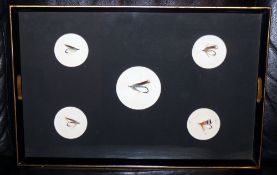 SERVING TRAY: A vintage glazed wood serving tray, 5 traditional salmon flies in recessed card