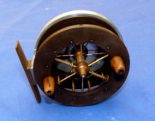 REEL: Fine early ebonite drum Allcock Aerial reel, 3.5" diameter, front flange stamped "Patent", 6
