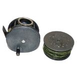 REEL & SPOOL: (2) Hardy Perfect 4" wide drum salmon fly reel, fitted with rotating nickel line