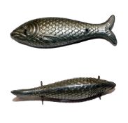 LURE: Early Patent hollow metal body fish lure, 4" long, stamped "Patent" to tail, 2 front