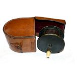 REEL & CASE: C Farlow 191 Strand London all brass plate wide reel, 3.75" diameter, wide drum,