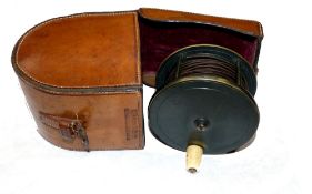 REEL & CASE: C Farlow 191 Strand London all brass plate wide reel, 3.75" diameter, wide drum,