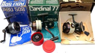 REELS: (3) Pair of Abu Cardinal 77 Swedish built spinning reels, green/cream finish, both in good