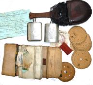 ACCESSORIES: Early tooled leather fly wallet, parchment interior various permits incl. river Taw &