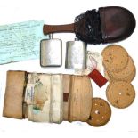 ACCESSORIES: Early tooled leather fly wallet, parchment interior various permits incl. river Taw &