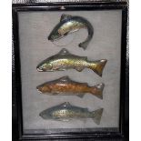 CAST FISH: Unusual vintage glazed and framed set of 4 x hand painted plaster cast small game fish,