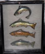 CAST FISH: Unusual vintage glazed and framed set of 4 x hand painted plaster cast small game fish,