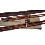 RODS: (2) Malloch of Perth 10'6" 3 piece split cane trout fly rod, polished mahogany handle, brass