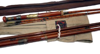 RODS: (2) Malloch of Perth 10'6" 3 piece split cane trout fly rod, polished mahogany handle, brass