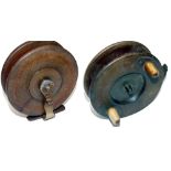 REEL: S Thomas & Son Redditch England wood and brass reel, 4.25" diameter, twin horn handles on