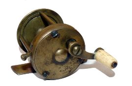 REEL: Early Haywood Maker  all brass multiplier pin stop winch, 1.5" diameter, 1.75" wide, lever