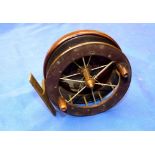 REEL: Early Coxon Aerial Centrepin reel, 4" diameter, 6 spoke, no tension regulator, twin horn