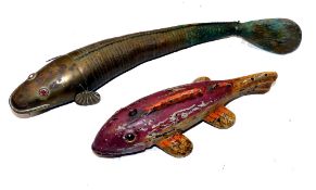 ACCESSORIES: (2) Articulated brass Medina style fish 13.5" long, red paste eyes, one damaged and a