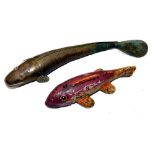 ACCESSORIES: (2) Articulated brass Medina style fish 13.5" long, red paste eyes, one damaged and a