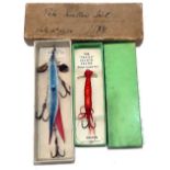 LURES: (2) Hardy leather Swallow Tail bait, 4.5" long, colour blue on maker's card, in box with