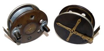 REEL: D Slater Patent 4630 Pioneer centre pin reel of brass ebonite and alloy, 4.5" diameter, twin