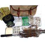 ACCESSORIES: Vintage classic canvass and leather tackle bag 15" x12" holding a Hardy plastic fly