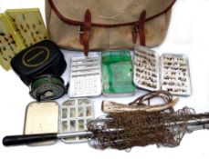 ACCESSORIES: Vintage classic canvass and leather tackle bag 15" x12" holding a Hardy plastic fly
