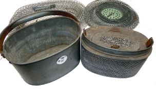 ACCESSORIES: (3) Vintage zinc oval live bait kettle, measuring 10"x7"x6", lift out perforated