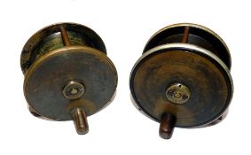REELS: (2) A pair of Warner of Redditch salmon wide drum fly reels, 3.5" ebonite and brass model