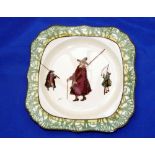 PORCELAIN: Isaac Walton ware 8" square plate, 3 anglers by Noke, back stamp and sticker "399",