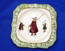 PORCELAIN: Isaac Walton ware 8" square plate, 3 anglers by Noke, back stamp and sticker "399",