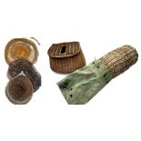 ACCESSORIES: French split reed woven fly fisher's creel, 11" x9", sloping hinged lid with centre