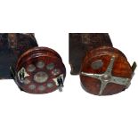 REEL & CASE: Ex rare c1900s William Nightingale Maker (Derby) polished mahogany and silver &