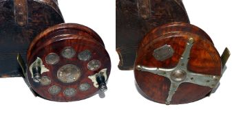 REEL & CASE: Ex rare c1900s William Nightingale Maker (Derby) polished mahogany and silver &