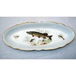PORCELAIN:  French porcelain heavy oval fish server dish, 24" x9.5", transfer images of various