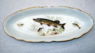 PORCELAIN:  French porcelain heavy oval fish server dish, 24" x9.5", transfer images of various