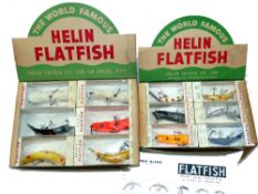 LURES: (18) Two Helin Flat Fish counter display boxes holding 12 x sizes X5 and 6 x size S3 plug