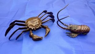 CAST FIGUES: Bronze washed cast brass large crab, approx. 9" wide, fully details and a similar