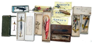 LURES (QTY): Collection of early lures, incl. Hardy Devon, Hook and Traces in yellow card backed