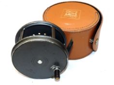 REEL & CASE: (2) Hardy Perfect 4.5" wide drum alloy fly reel, black handle, rim tension regulator,